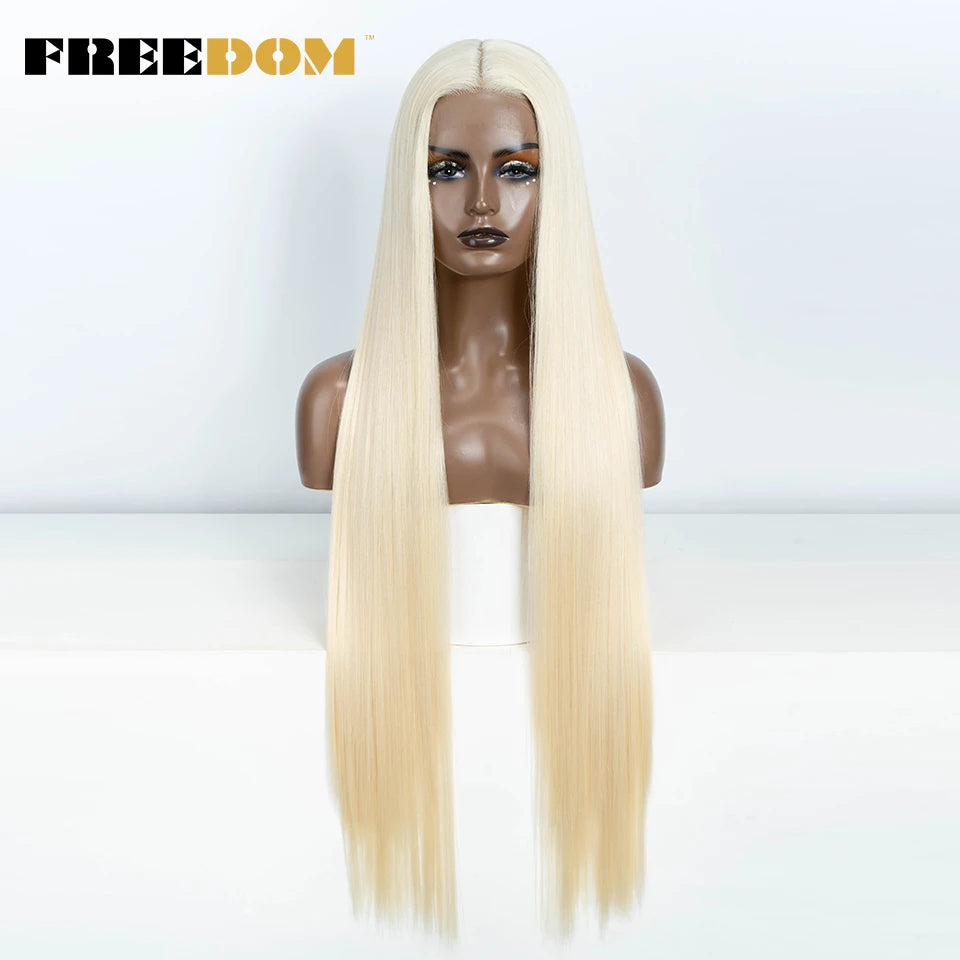 FREEDOM Straight Synthetic Lace Front Wig For Women 38 Inch Long Ombre Brown Red Blonde Hightlight Lace Frontal Wigs Cosplay Wig
