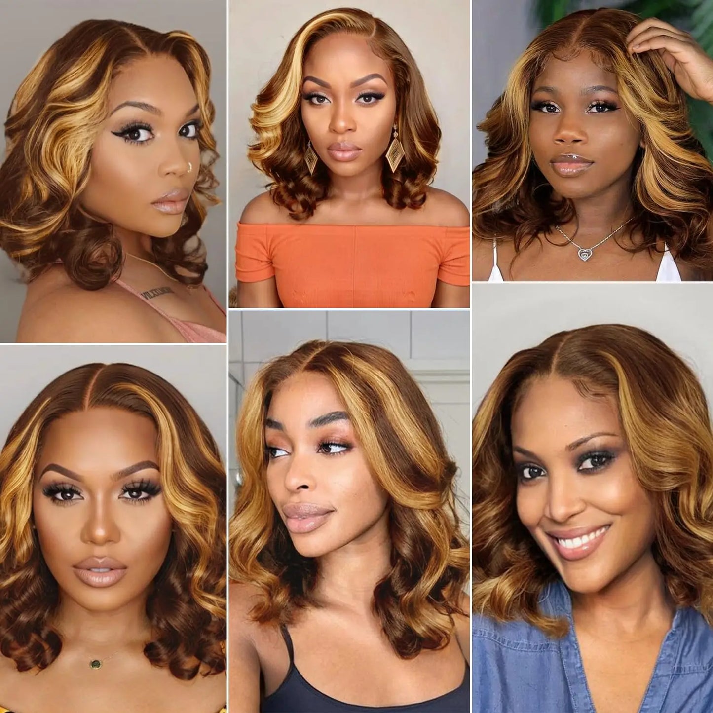 Body Wave Short Bob Wigs 4/27 Brown With Blonde Highlight Bob Wig Human Hair 13x4 Lace Frontal 200% Density Pre Plucked Bob Wigs