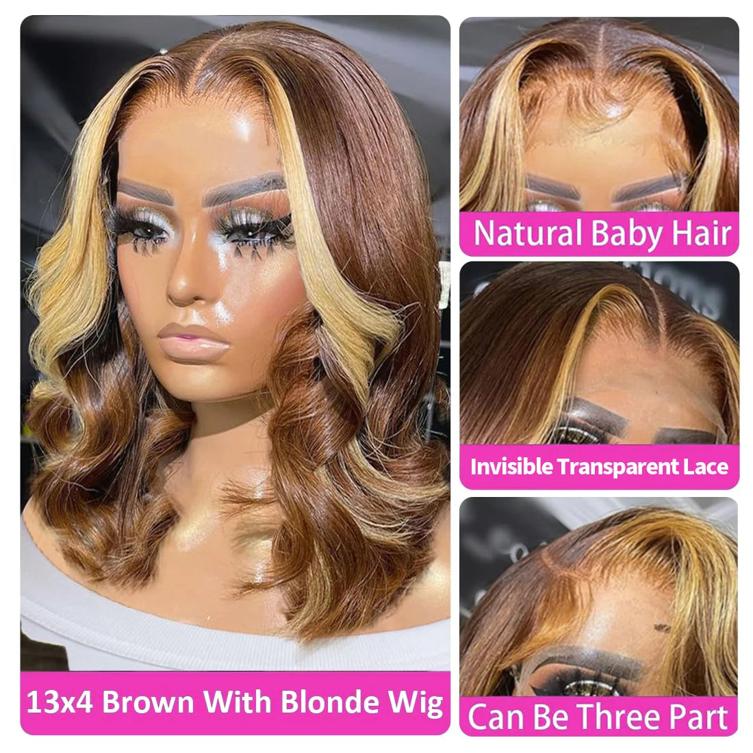Body Wave Short Bob Wigs 4/27 Brown With Blonde Highlight Bob Wig Human Hair 13x4 Lace Frontal 200% Density Pre Plucked Bob Wigs