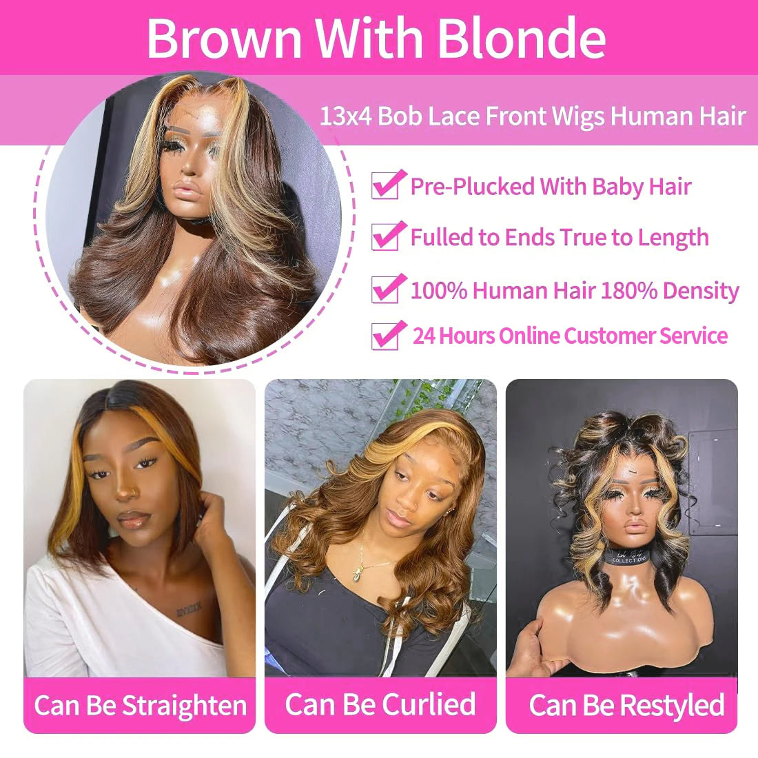 Body Wave Short Bob Wigs 4/27 Brown With Blonde Highlight Bob Wig Human Hair 13x4 Lace Frontal 200% Density Pre Plucked Bob Wigs