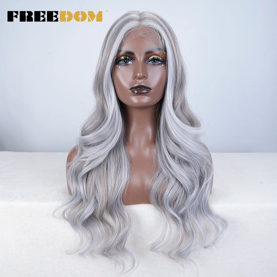 FREEDOM Synthetic Lace Front Wigs For Women 26“ Highlight Honey Brown Body Wave Wig Ombre Blonde Lace Wig Synthetic Cosplay Wig