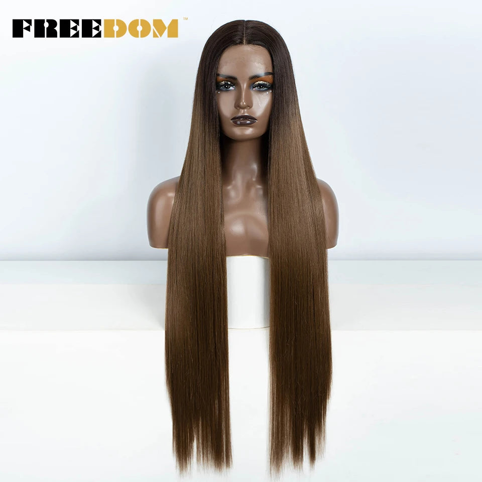 FREEDOM Straight Synthetic Lace Front Wig For Women 38 Inch Long Ombre Brown Red Blonde Hightlight Lace Frontal Wigs Cosplay Wig