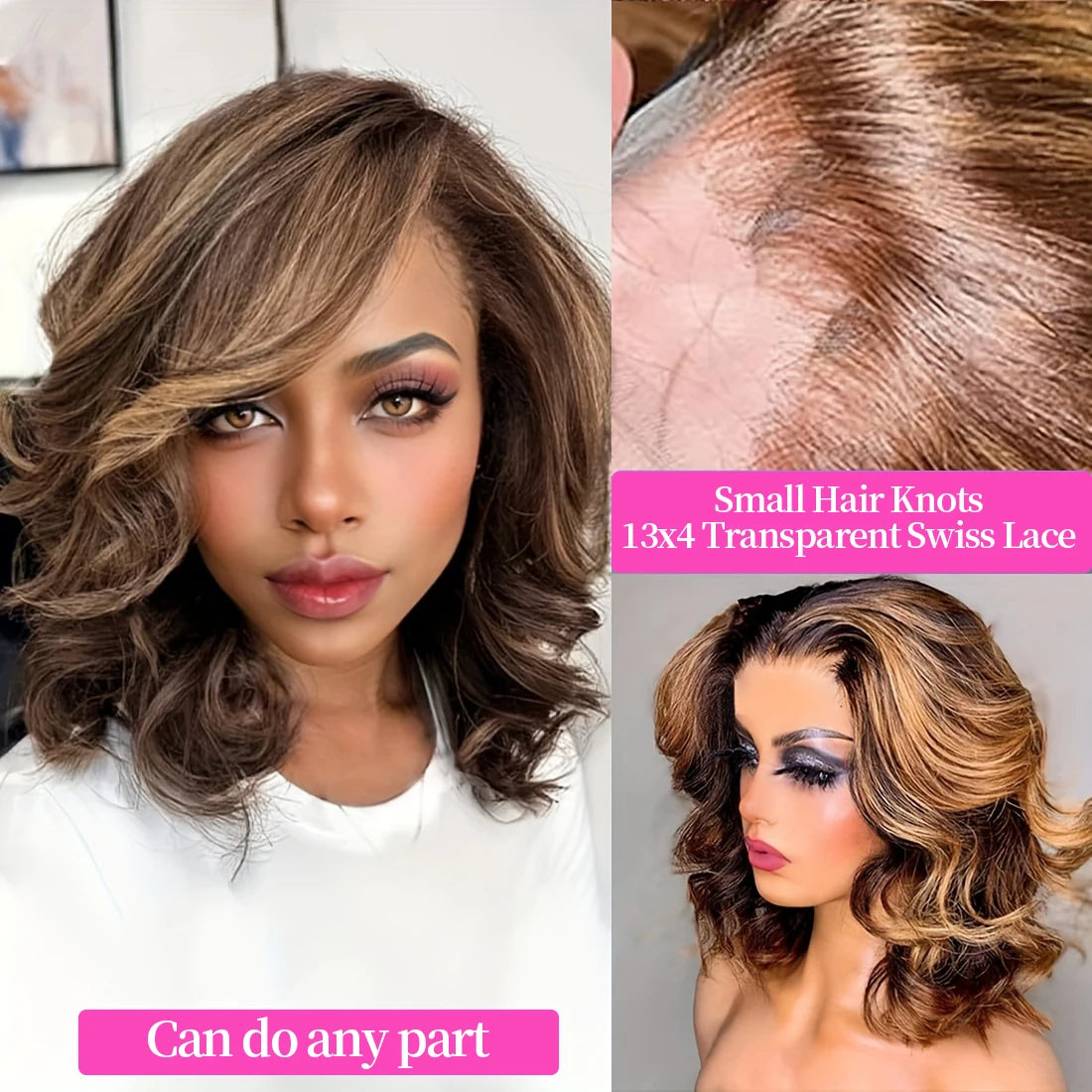 Body Wave Short Bob Wigs 4/27 Brown With Blonde Highlight Bob Wig Human Hair 13x4 Lace Frontal 200% Density Pre Plucked Bob Wigs
