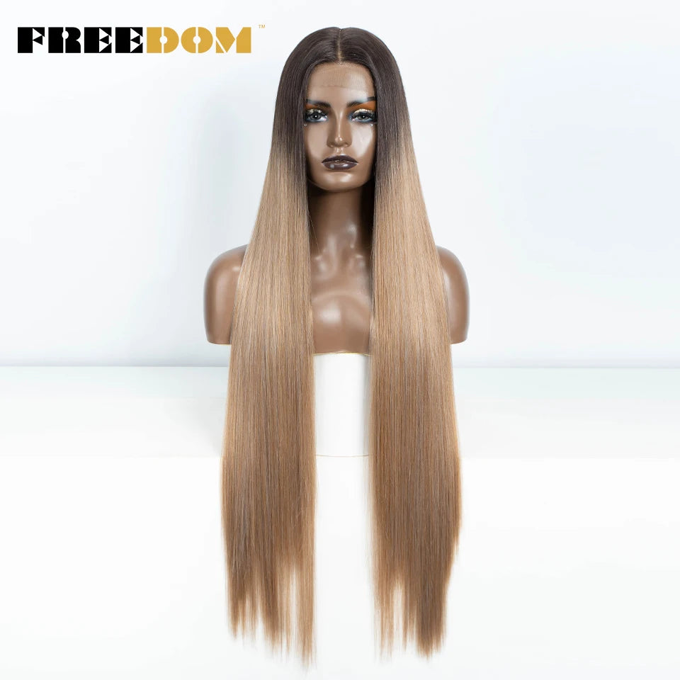 FREEDOM Straight Synthetic Lace Front Wig For Women 38 Inch Long Ombre Brown Red Blonde Hightlight Lace Frontal Wigs Cosplay Wig