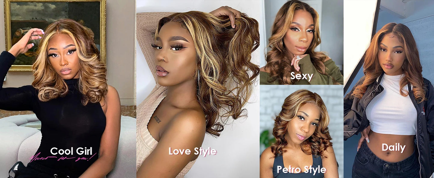 Body Wave Short Bob Wigs 4/27 Brown With Blonde Highlight Bob Wig Human Hair 13x4 Lace Frontal 200% Density Pre Plucked Bob Wigs