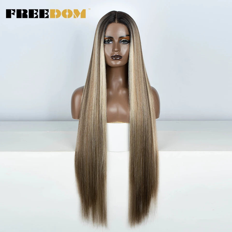 FREEDOM Straight Synthetic Lace Front Wig For Women 38 Inch Long Ombre Brown Red Blonde Hightlight Lace Frontal Wigs Cosplay Wig