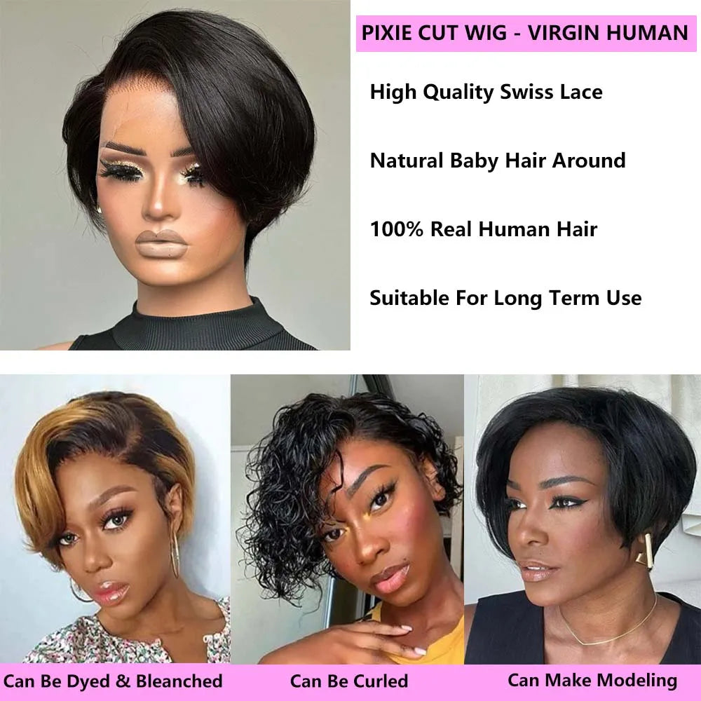 Straight Pixie Cut Human Hair Wig Short Wigs 13x4 Lace Front Wigs Human Hair Pre Plucked Pixie Cut Wig Natural For Black Women