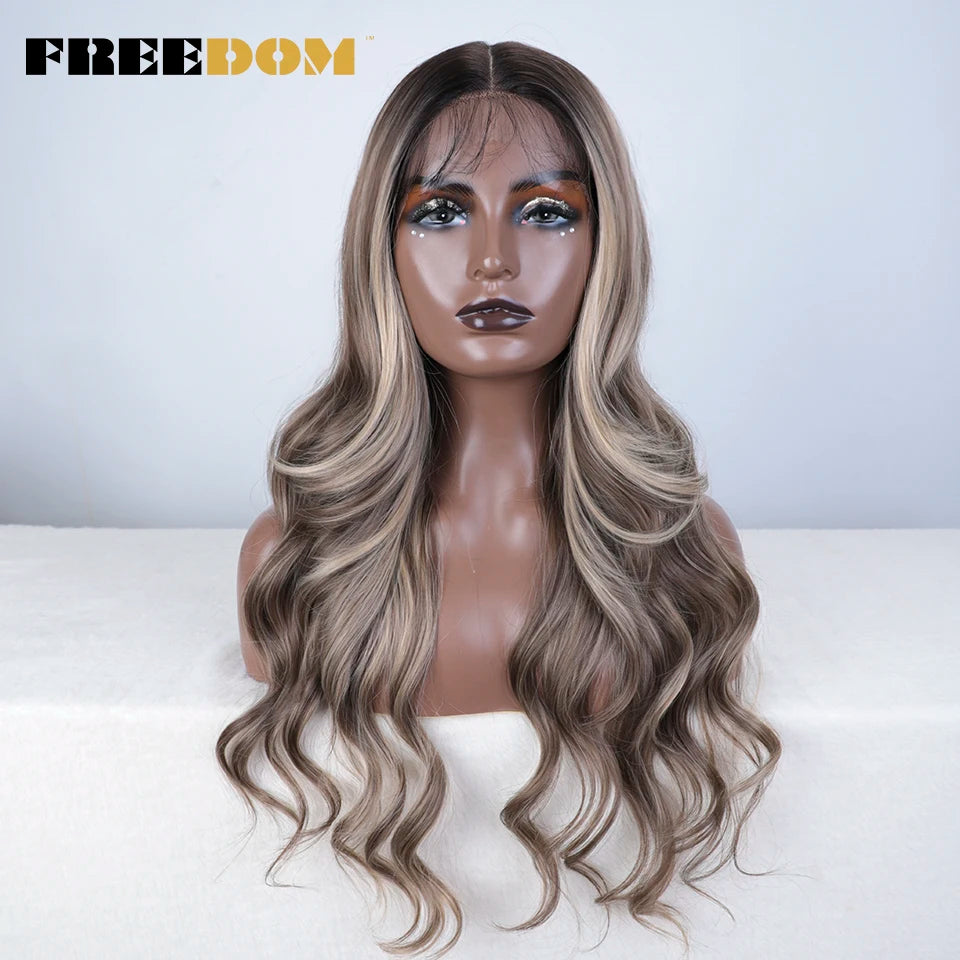FREEDOM Synthetic Lace Front Wigs For Women 26“ Highlight Honey Brown Body Wave Wig Ombre Blonde Lace Wig Synthetic Cosplay Wig