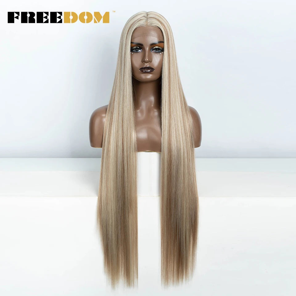 FREEDOM Straight Synthetic Lace Front Wig For Women 38 Inch Long Ombre Brown Red Blonde Hightlight Lace Frontal Wigs Cosplay Wig