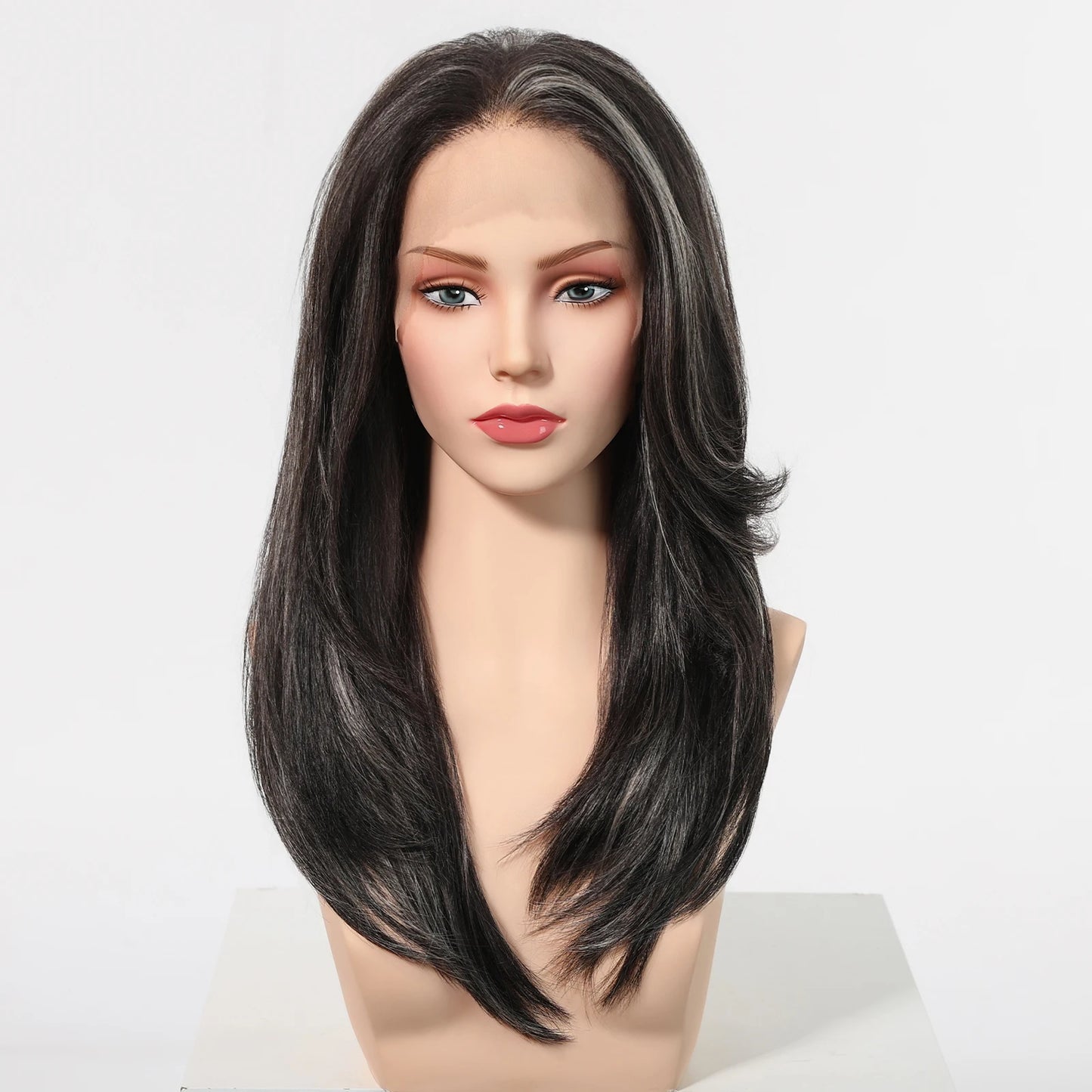 Natural Black With Blonde Highlights Wigs For Women Daily Straight Layered 13*6 Lace Front Synthetic Wig Free Part High Density
