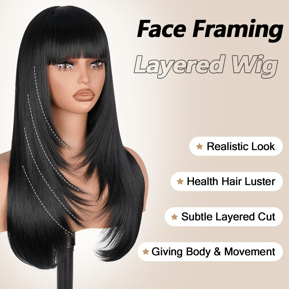 Layered Lace Wigs with Bangs Straight Lace Fake Scalp Synthetic Natural Layers Cut Wigs For Women Heat Resistant Glueless Wigs