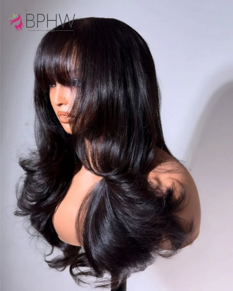 30 inches Body Wave Human Hair Wigs With Bangs Short Bob Wig 180% Density Brazilian Fringe Remy Full Machine Made Wig For Women