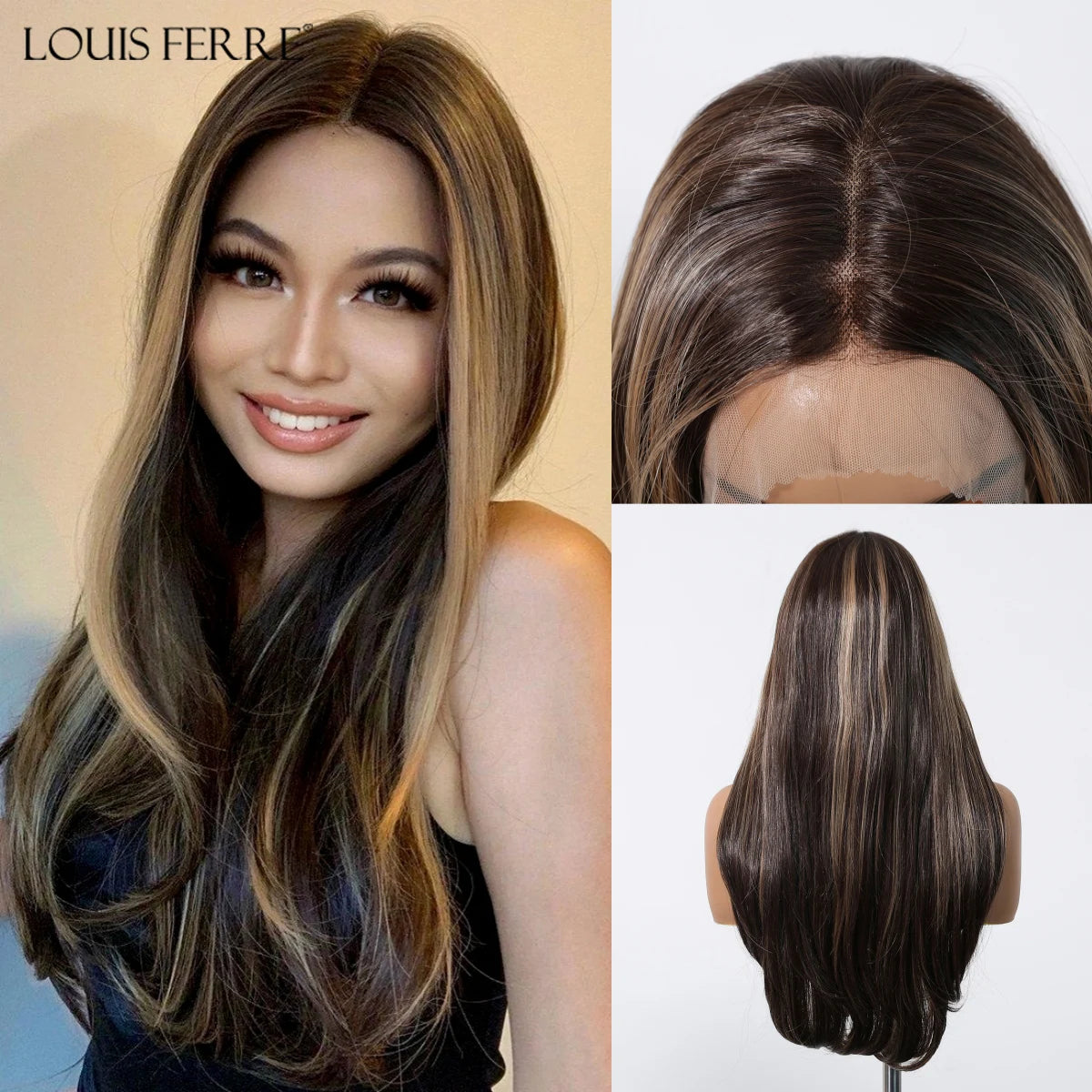 Natural Black With Blonde Highlights Wigs For Women Daily Straight Layered 13*6 Lace Front Synthetic Wig Free Part High Density