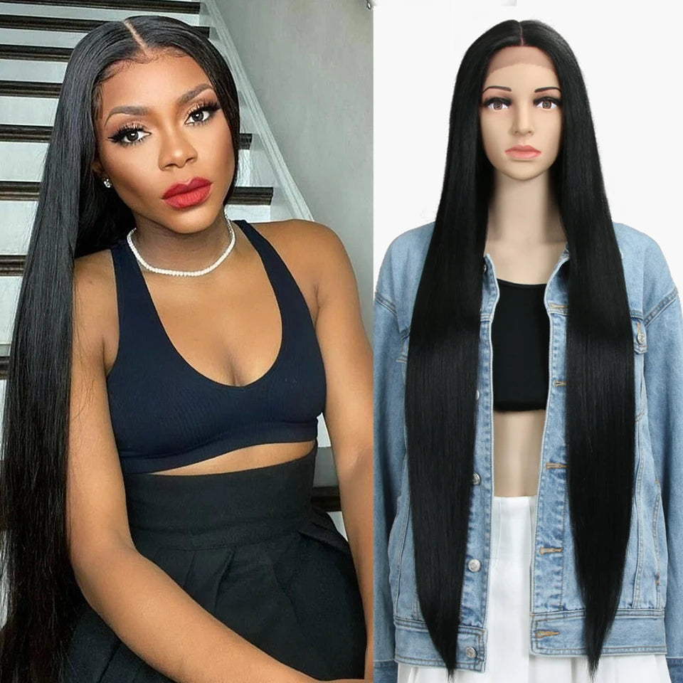 FREEDOM Straight Synthetic Lace Front Wig For Women 38 Inch Long Ombre Brown Red Blonde Hightlight Lace Frontal Wigs Cosplay Wig