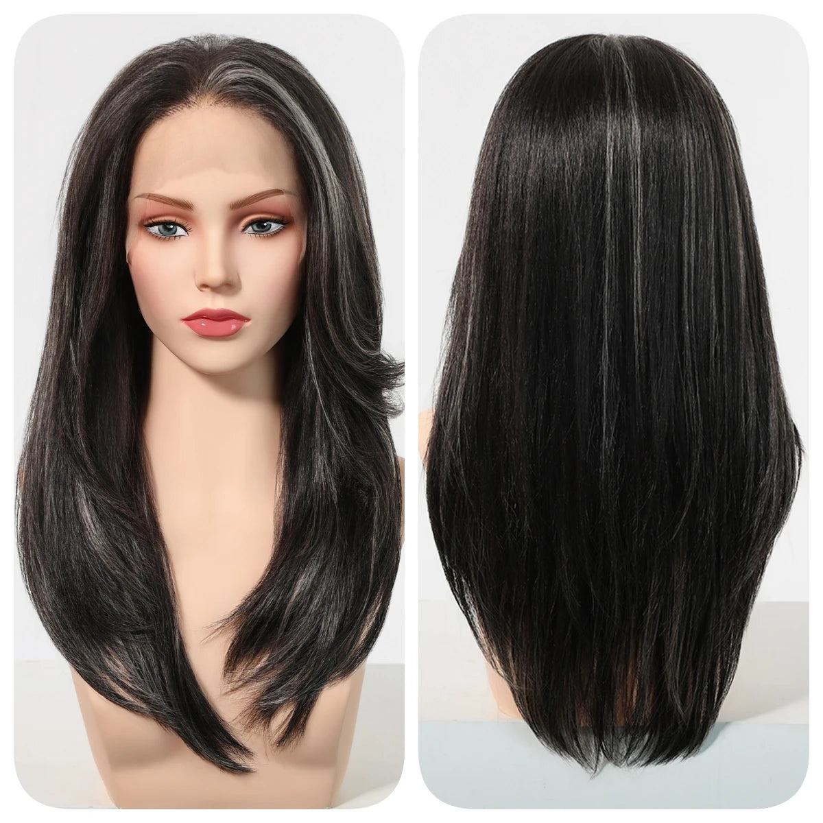 Natural Black With Blonde Highlights Wigs For Women Daily Straight Layered 13*6 Lace Front Synthetic Wig Free Part High Density