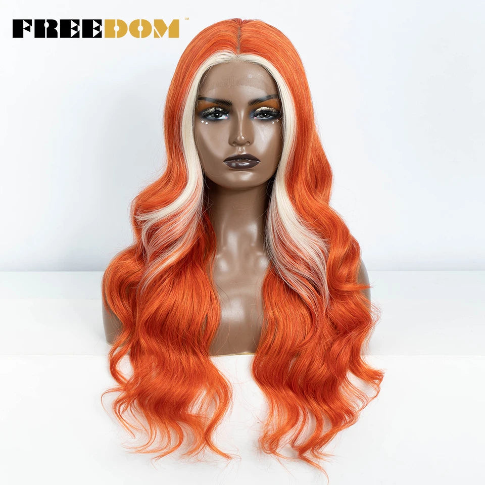 FREEDOM Synthetic Lace Front Wigs For Women 26“ Highlight Honey Brown Body Wave Wig Ombre Blonde Lace Wig Synthetic Cosplay Wig
