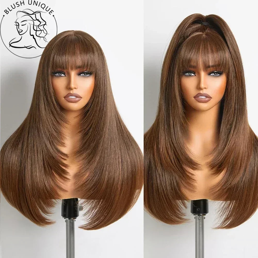 Layered Lace Wigs with Bangs Straight Lace Fake Scalp Synthetic Natural Layers Cut Wigs For Women Heat Resistant Glueless Wigs