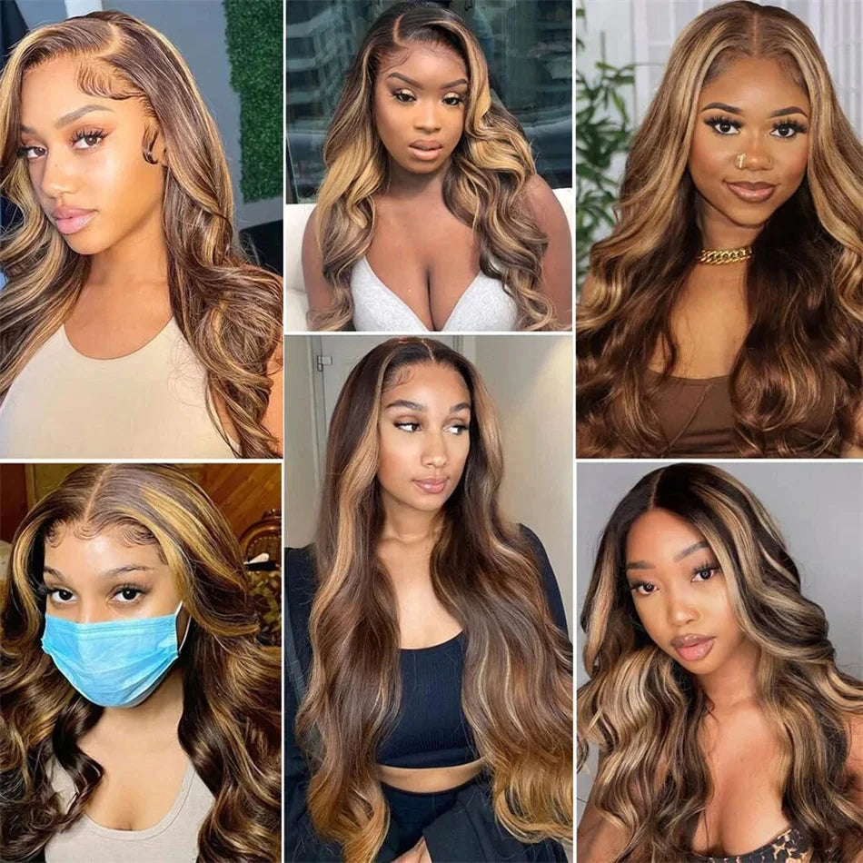 180% Colored Highlight Body Wave 13x6 Lace Front Human Hair Wigs 32 34 Inch Honey Blonde Water Wave Frontal Wig Extensions