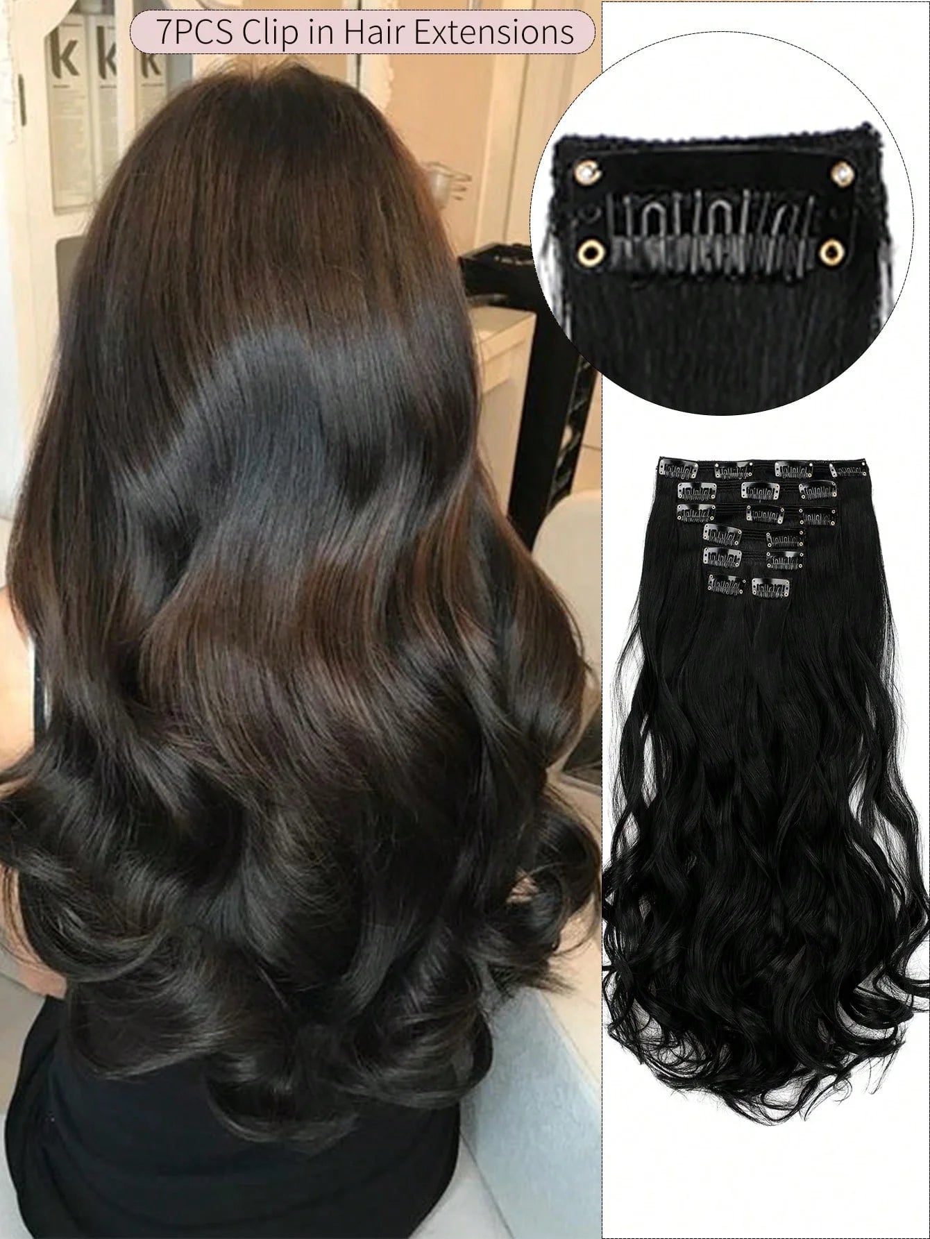 7pcs large wave black 22-inch medium synthetic clip-on hair extension
