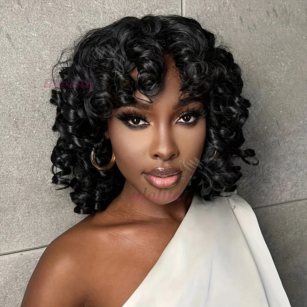 Rose Curly Wig With Bangs Fumi Human Hair Full Machine Made Loose Wave Short Bob Wigs For Women Brazilian Virgin Pixie Cut Wig