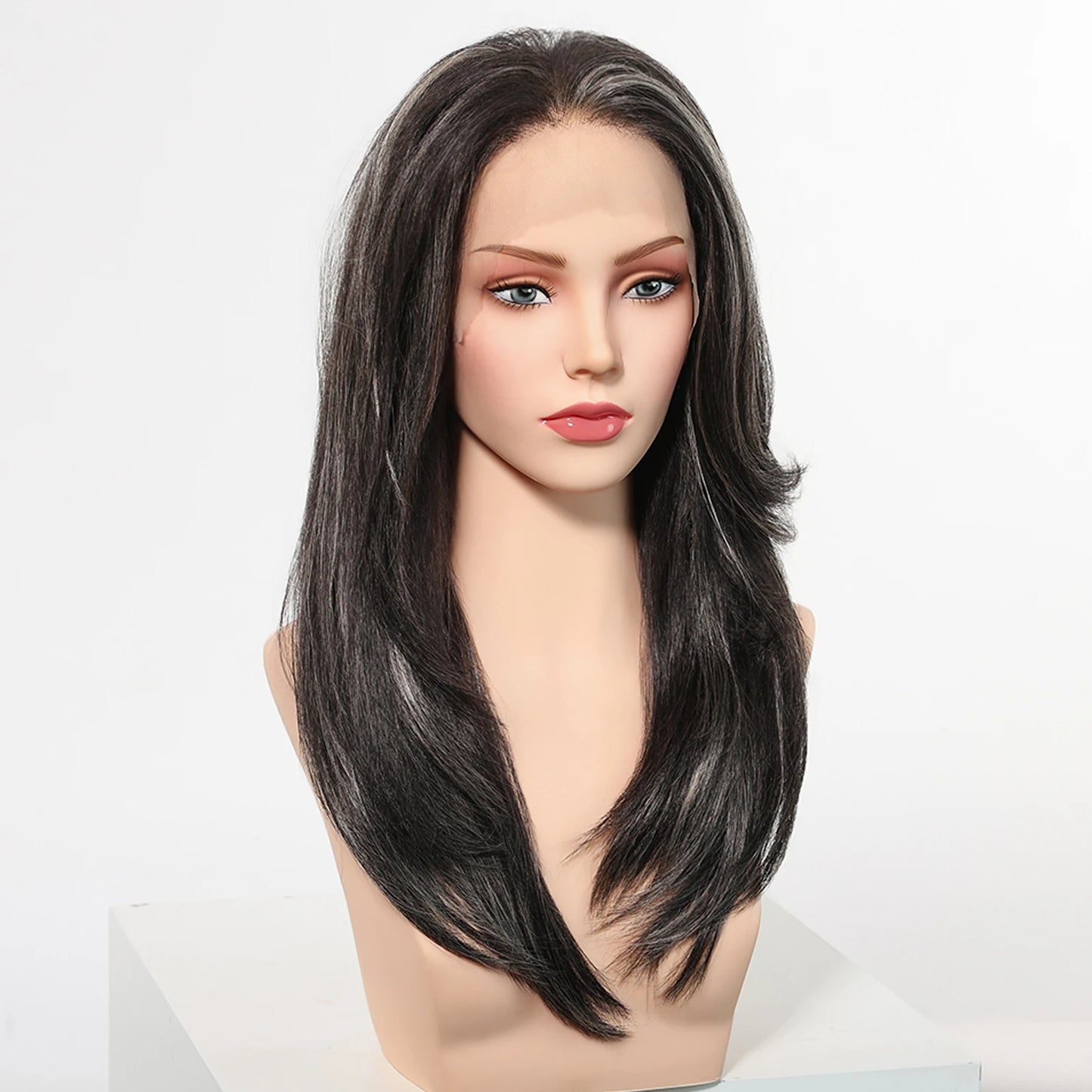 Natural Black With Blonde Highlights Wigs For Women Daily Straight Layered 13*6 Lace Front Synthetic Wig Free Part High Density