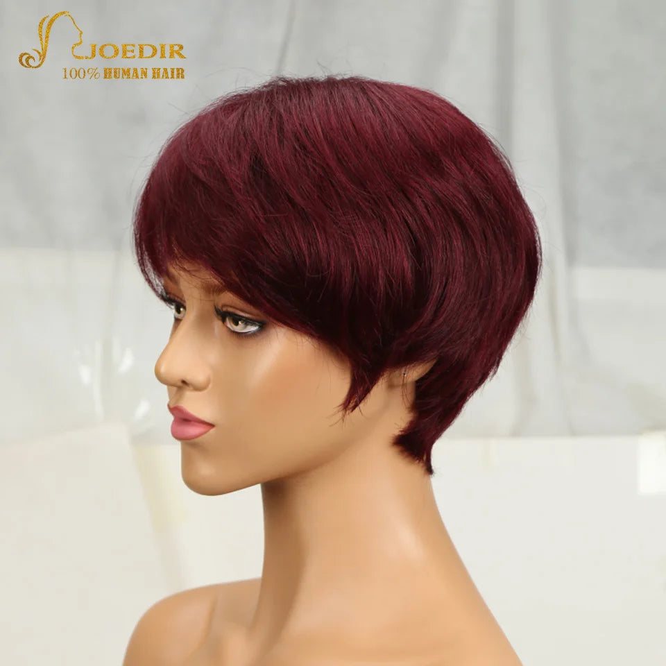 Joedir Wholesale Clearance Brown Color Short Wavy Bob Pixie Cut Full Machine Made Human Hair Wigs With Bangs For Black Women