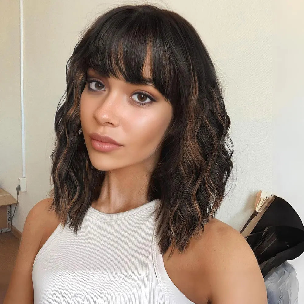 Short Brown Highlight Wigs With Bangs Natural Wavy Hair Wigs For White Women Heat Resistant Synthetic Bob Wig Shoulder Length