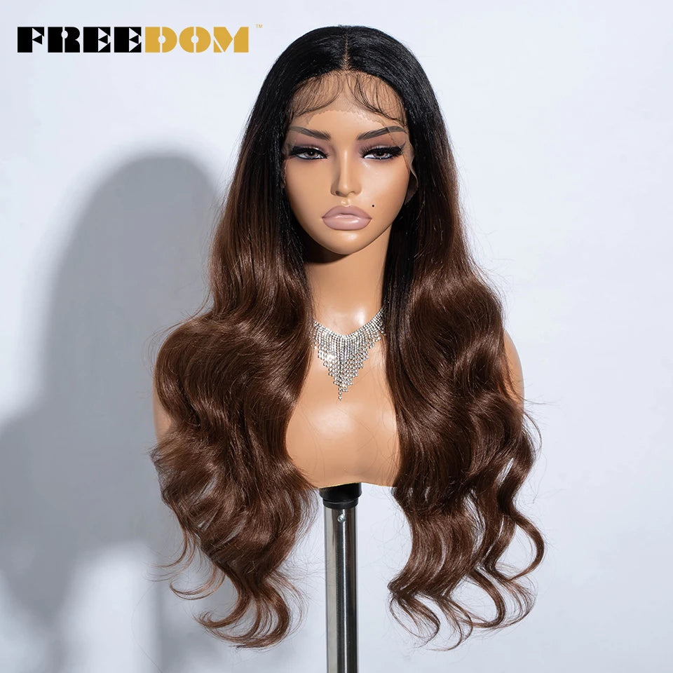 FREEDOM Synthetic Lace Front Wigs For Women 26“ Highlight Honey Brown Body Wave Wig Ombre Blonde Lace Wig Synthetic Cosplay Wig