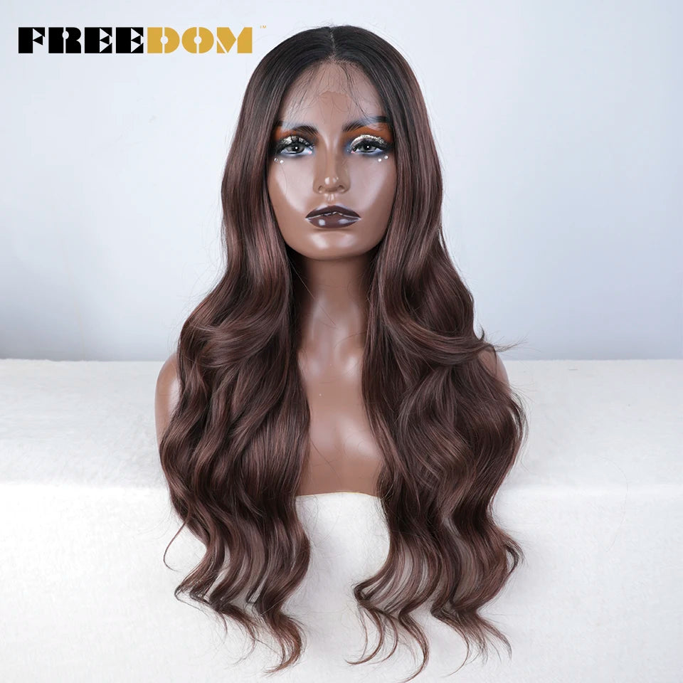 FREEDOM Synthetic Lace Front Wigs For Women 26“ Highlight Honey Brown Body Wave Wig Ombre Blonde Lace Wig Synthetic Cosplay Wig
