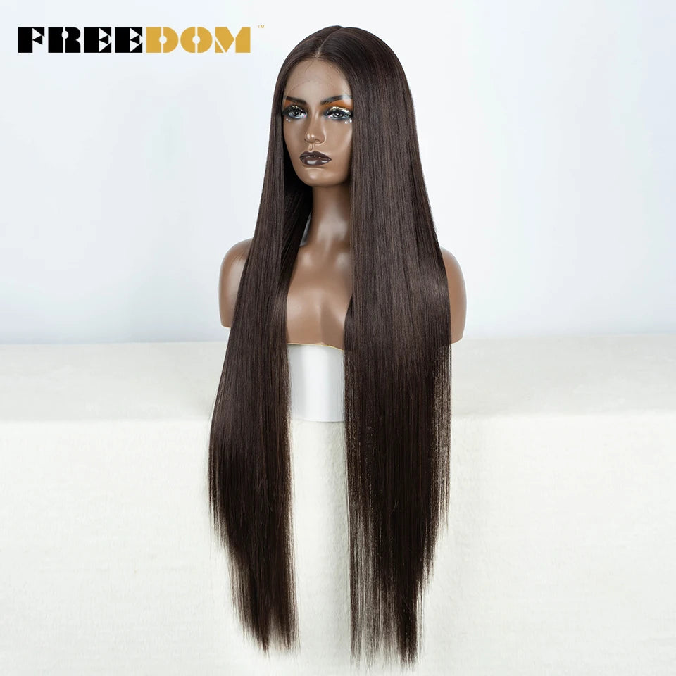 FREEDOM Straight Synthetic Lace Front Wig For Women 38 Inch Long Ombre Brown Red Blonde Hightlight Lace Frontal Wigs Cosplay Wig