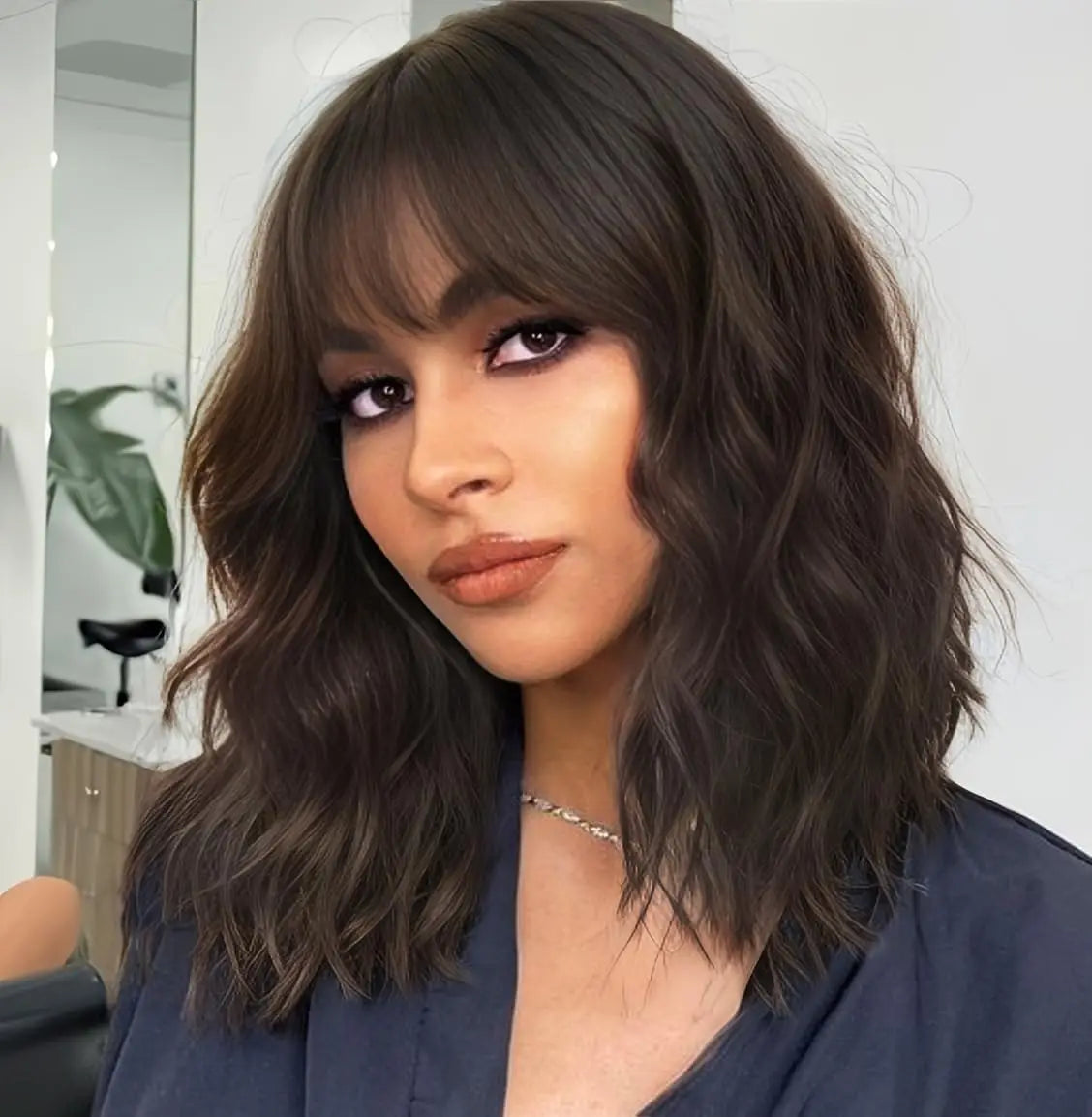 Short Brown Highlight Wigs With Bangs Natural Wavy Hair Wigs For White Women Heat Resistant Synthetic Bob Wig Shoulder Length