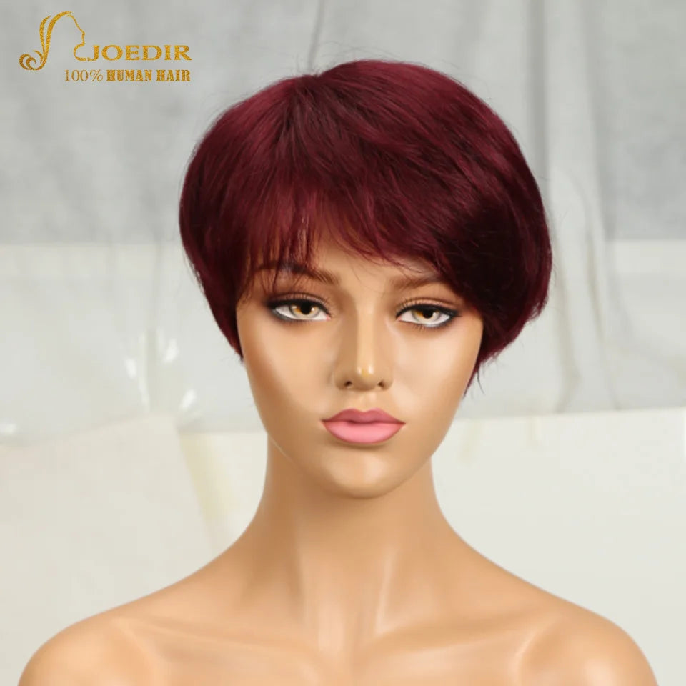 Joedir Wholesale Clearance Brown Color Short Wavy Bob Pixie Cut Full Machine Made Human Hair Wigs With Bangs For Black Women