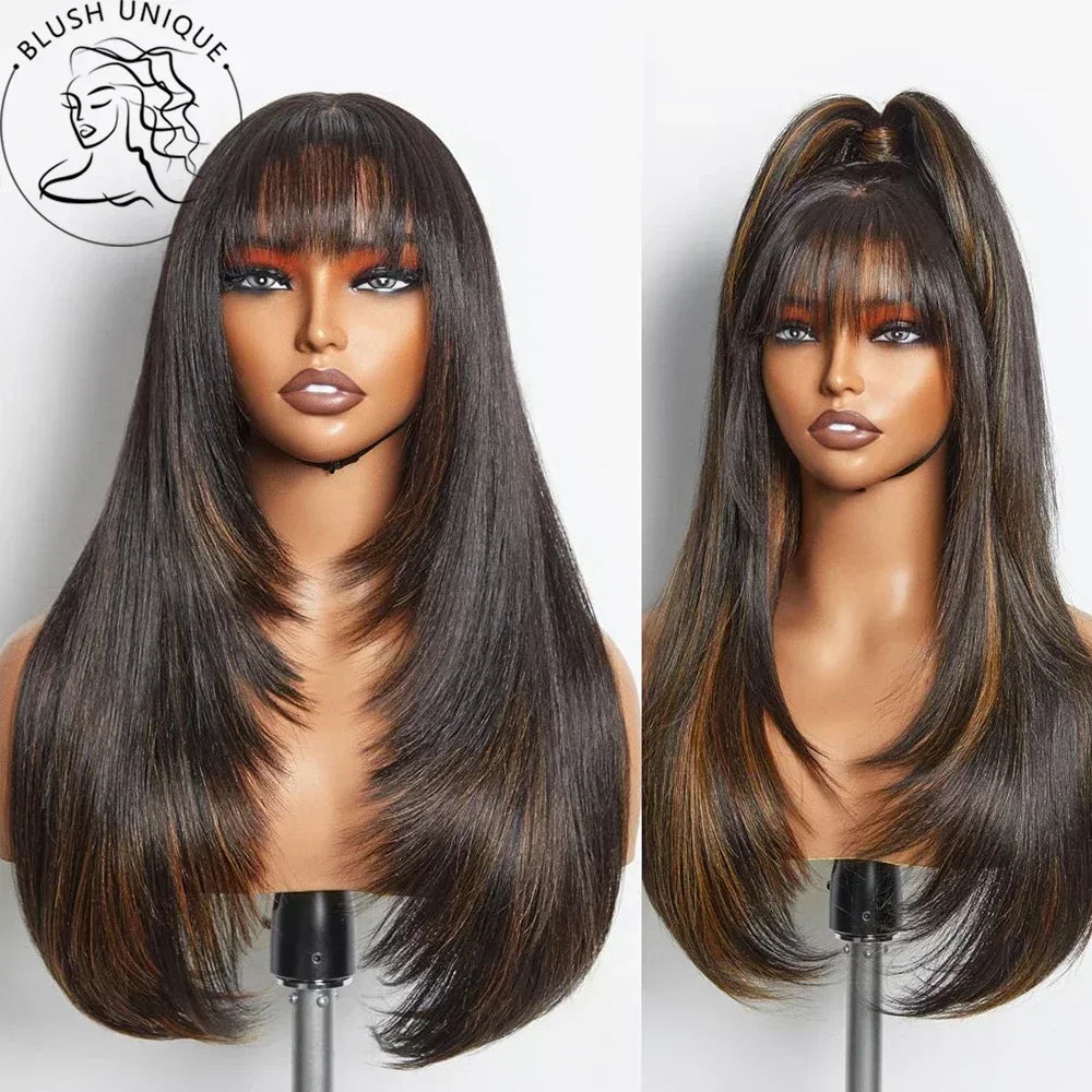 Layered Lace Wigs with Bangs Straight Lace Fake Scalp Synthetic Natural Layers Cut Wigs For Women Heat Resistant Glueless Wigs