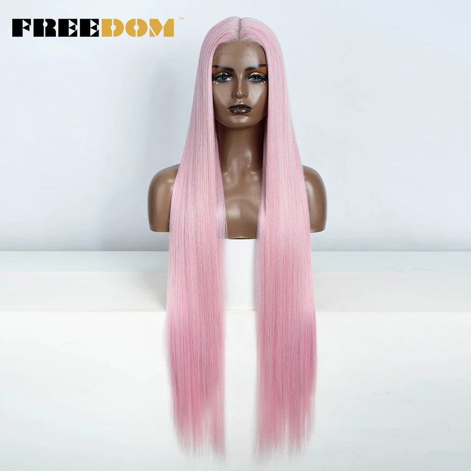 FREEDOM Straight Synthetic Lace Front Wig For Women 38 Inch Long Ombre Brown Red Blonde Hightlight Lace Frontal Wigs Cosplay Wig