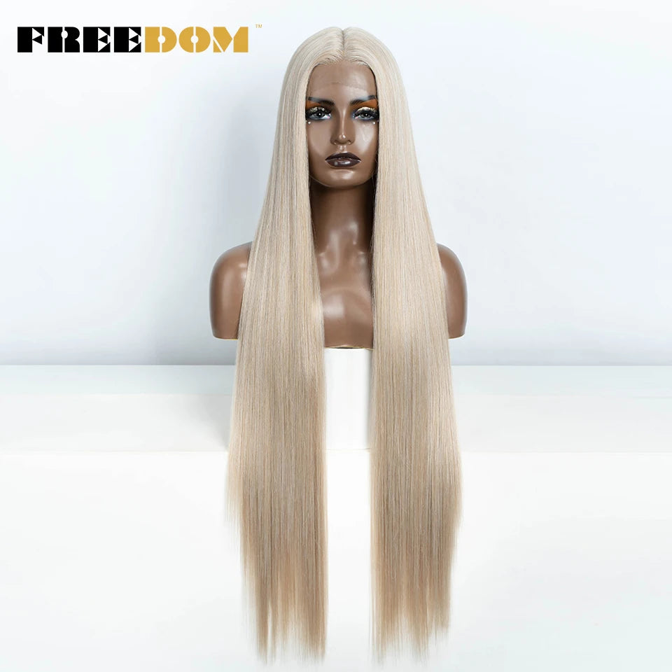 FREEDOM Straight Synthetic Lace Front Wig For Women 38 Inch Long Ombre Brown Red Blonde Hightlight Lace Frontal Wigs Cosplay Wig