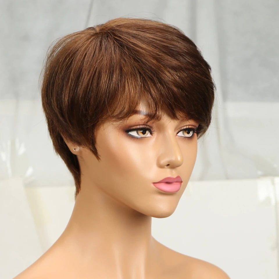 Joedir Wholesale Clearance Brown Color Short Wavy Bob Pixie Cut Full Machine Made Human Hair Wigs With Bangs For Black Women