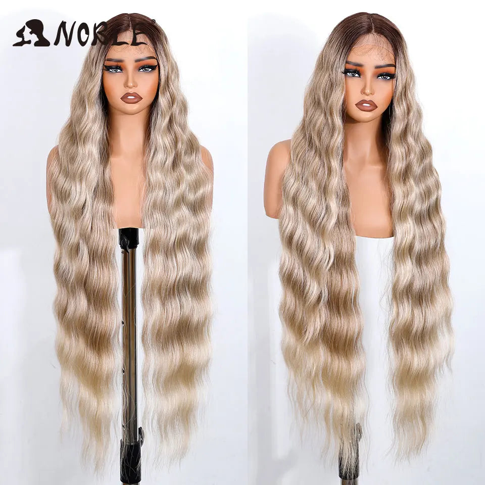 Noble Synthetic Lace Front Wig 36 " Long Wavy Lace Part Body Wavy Golden Wig For Women Lace Front Wig Ombre Blonde Cosplay Wig