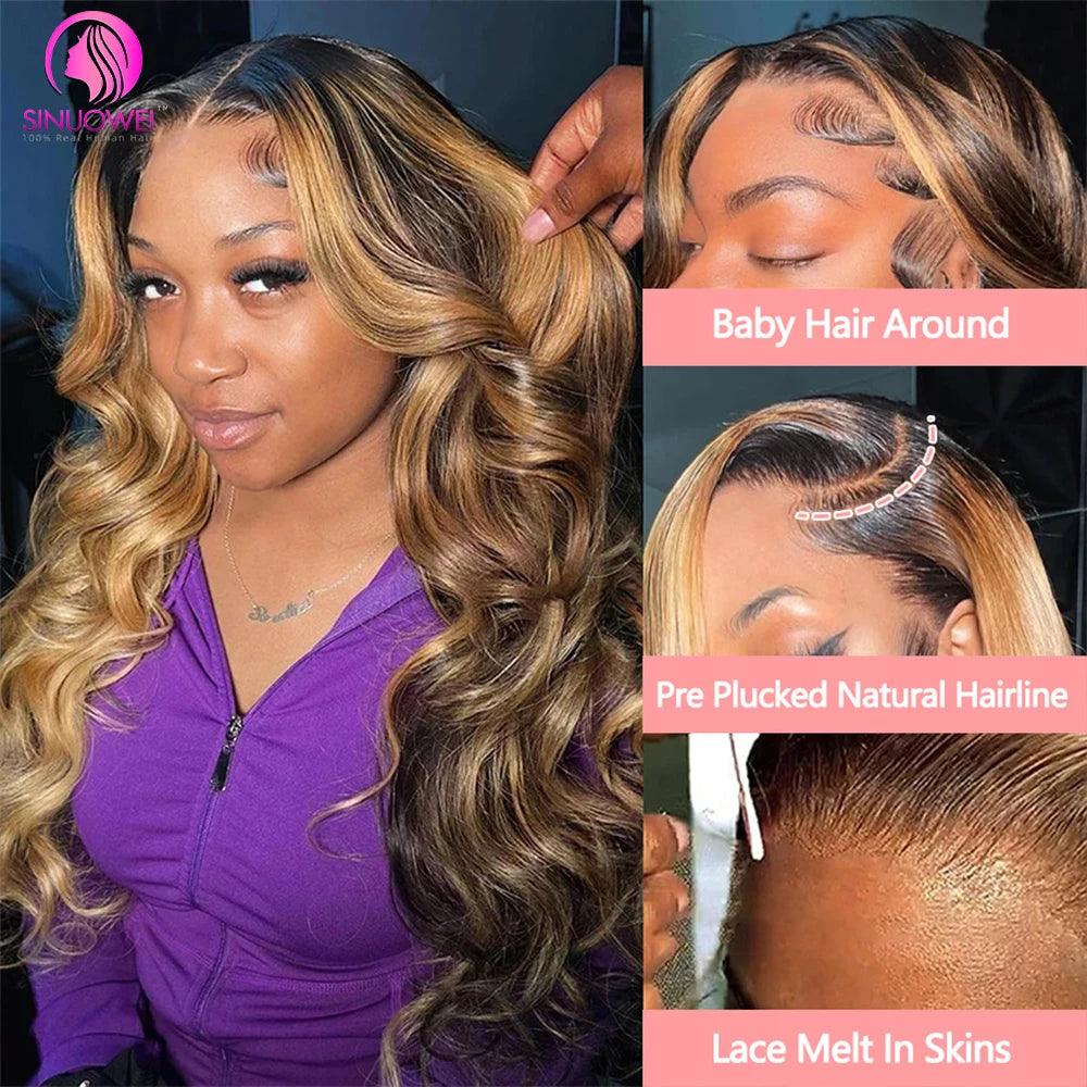 180% Colored Highlight Body Wave 13x6 Lace Front Human Hair Wigs 32 34 Inch Honey Blonde Water Wave Frontal Wig Extensions
