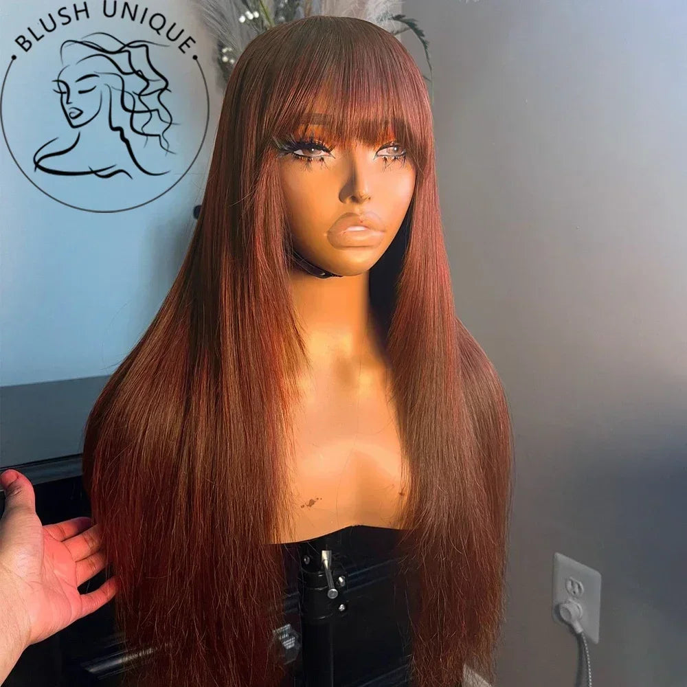 Layered Lace Wigs with Bangs Straight Lace Fake Scalp Synthetic Natural Layers Cut Wigs For Women Heat Resistant Glueless Wigs
