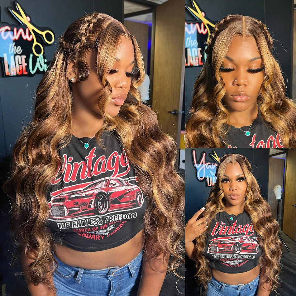 180% Colored Highlight Body Wave 13x6 Lace Front Human Hair Wigs 32 34 Inch Honey Blonde Water Wave Frontal Wig Extensions