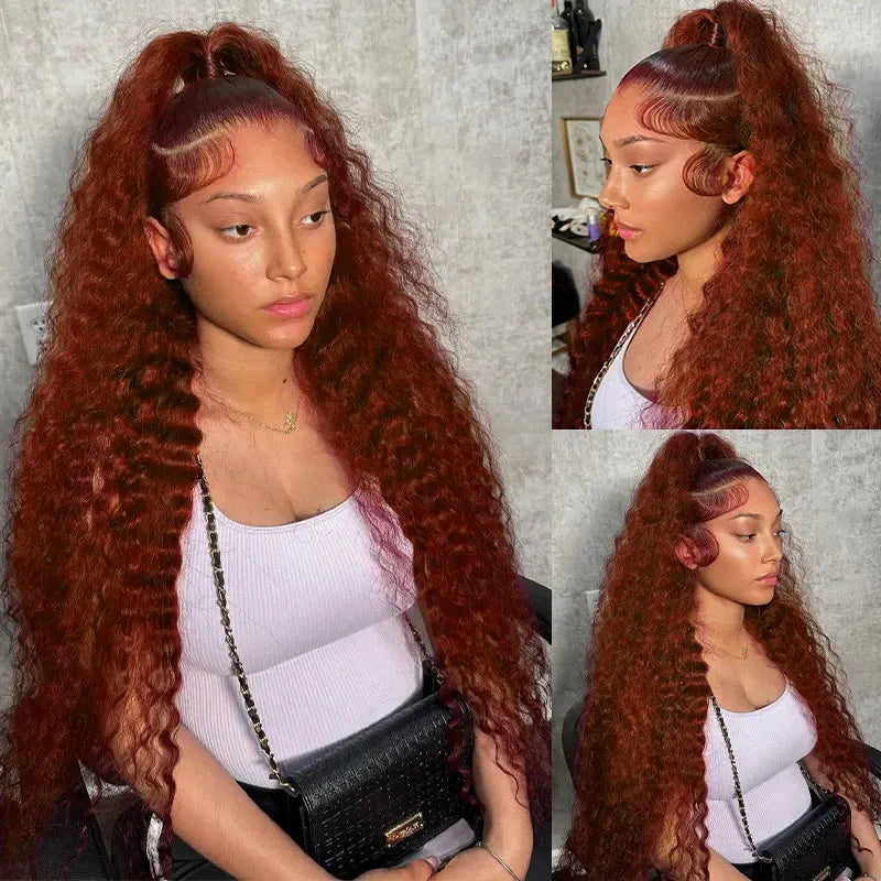 30 Inch Reddish Brown Loose Deep Wave 13x4 HD Lace Frontal Human Hair Curly Wigs High Density Brazilian Water Wave Wig For Women