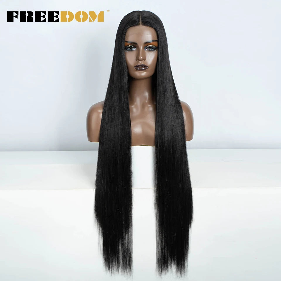 FREEDOM Straight Synthetic Lace Front Wig For Women 38 Inch Long Ombre Brown Red Blonde Hightlight Lace Frontal Wigs Cosplay Wig