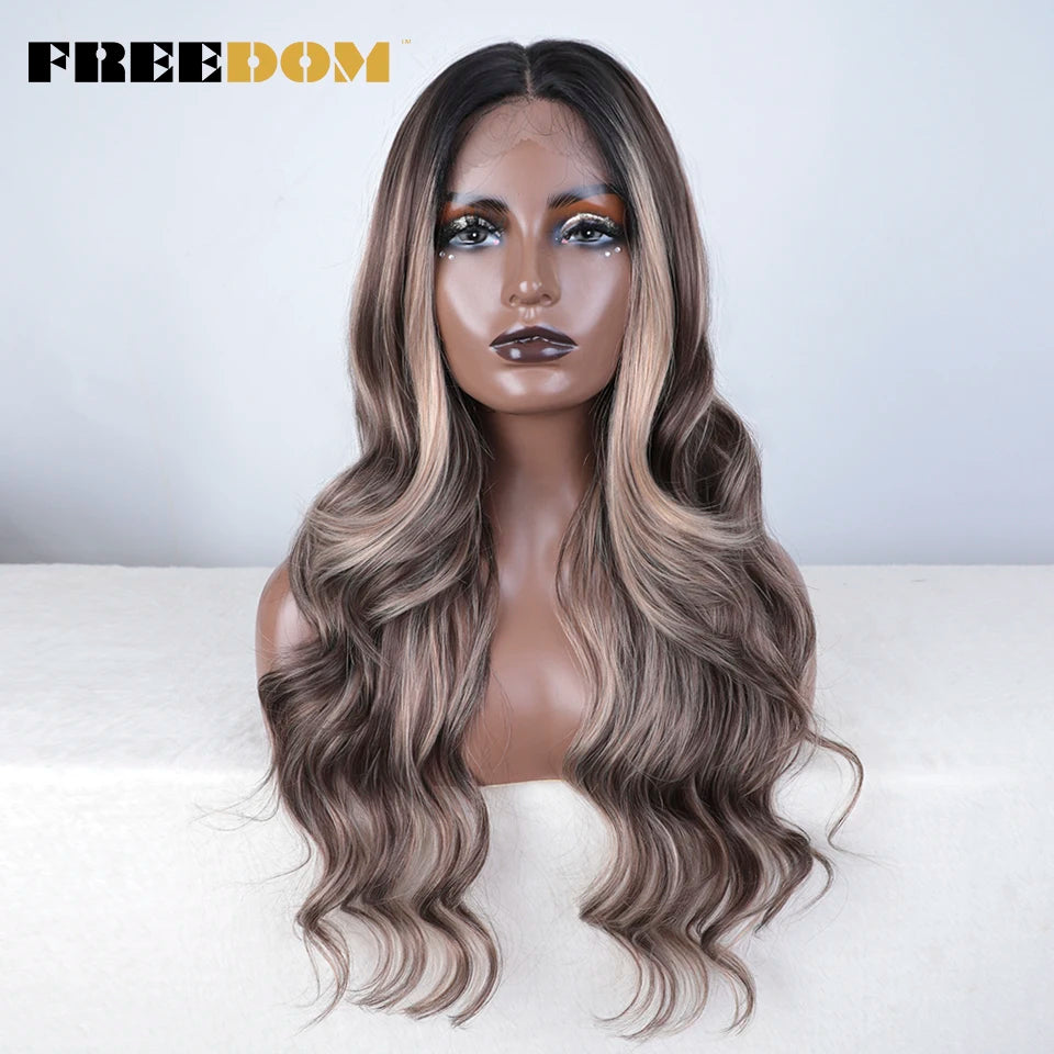 FREEDOM Synthetic Lace Front Wigs For Women 26“ Highlight Honey Brown Body Wave Wig Ombre Blonde Lace Wig Synthetic Cosplay Wig