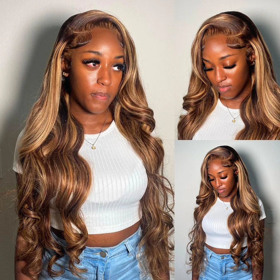 180% Colored Highlight Body Wave 13x6 Lace Front Human Hair Wigs 32 34 Inch Honey Blonde Water Wave Frontal Wig Extensions