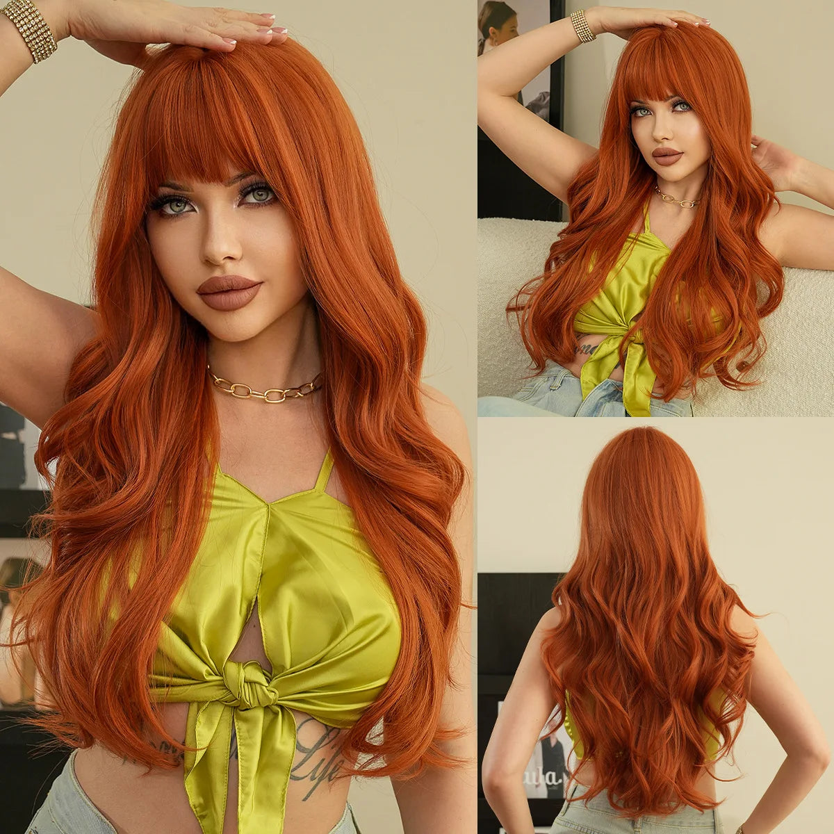 Black synthetic wig with bangs long Wave wig Ladies Cosplay daily use of natural wave curly high temperature silk wig