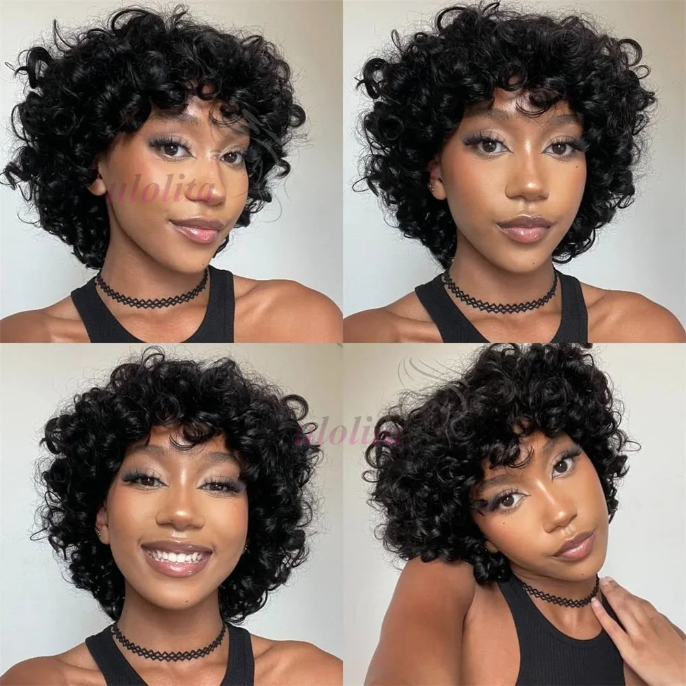 Rose Curly Wig With Bangs Fumi Human Hair Full Machine Made Loose Wave Short Bob Wigs For Women Brazilian Virgin Pixie Cut Wig