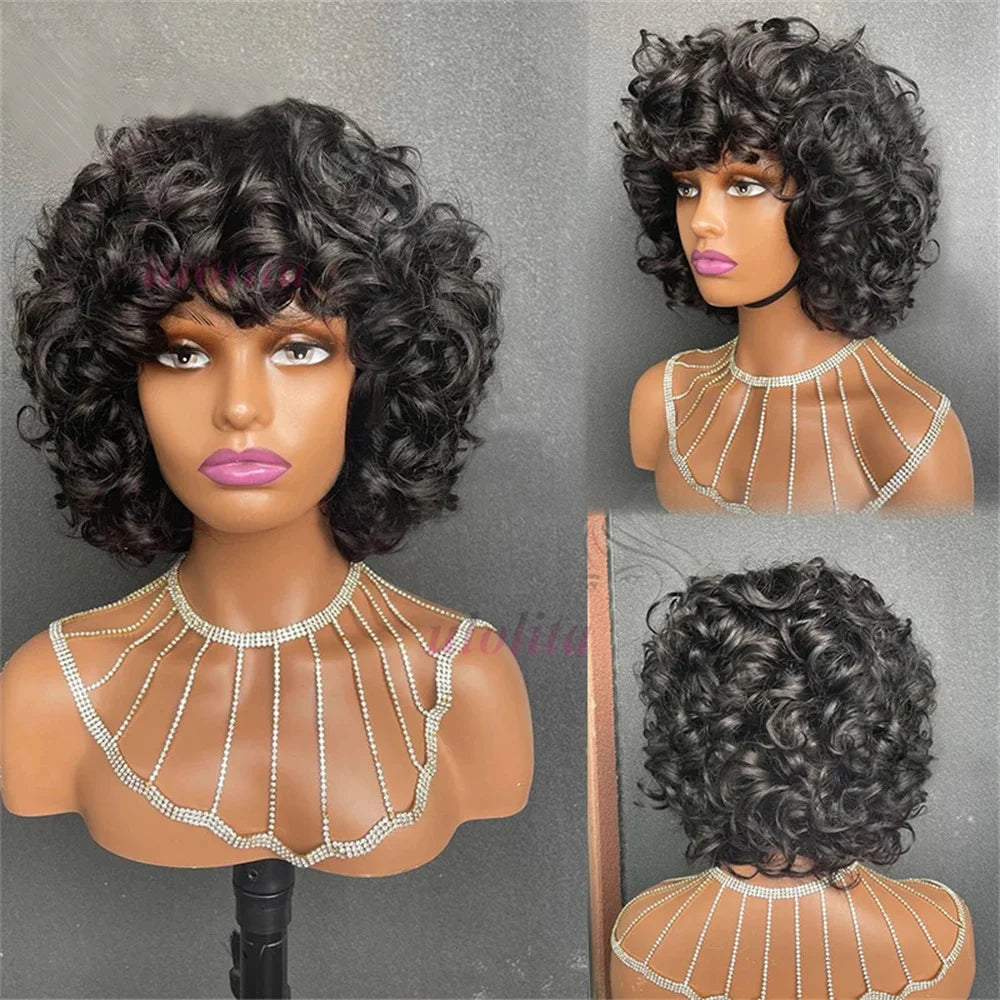 Rose Curly Wig With Bangs Fumi Human Hair Full Machine Made Loose Wave Short Bob Wigs For Women Brazilian Virgin Pixie Cut Wig