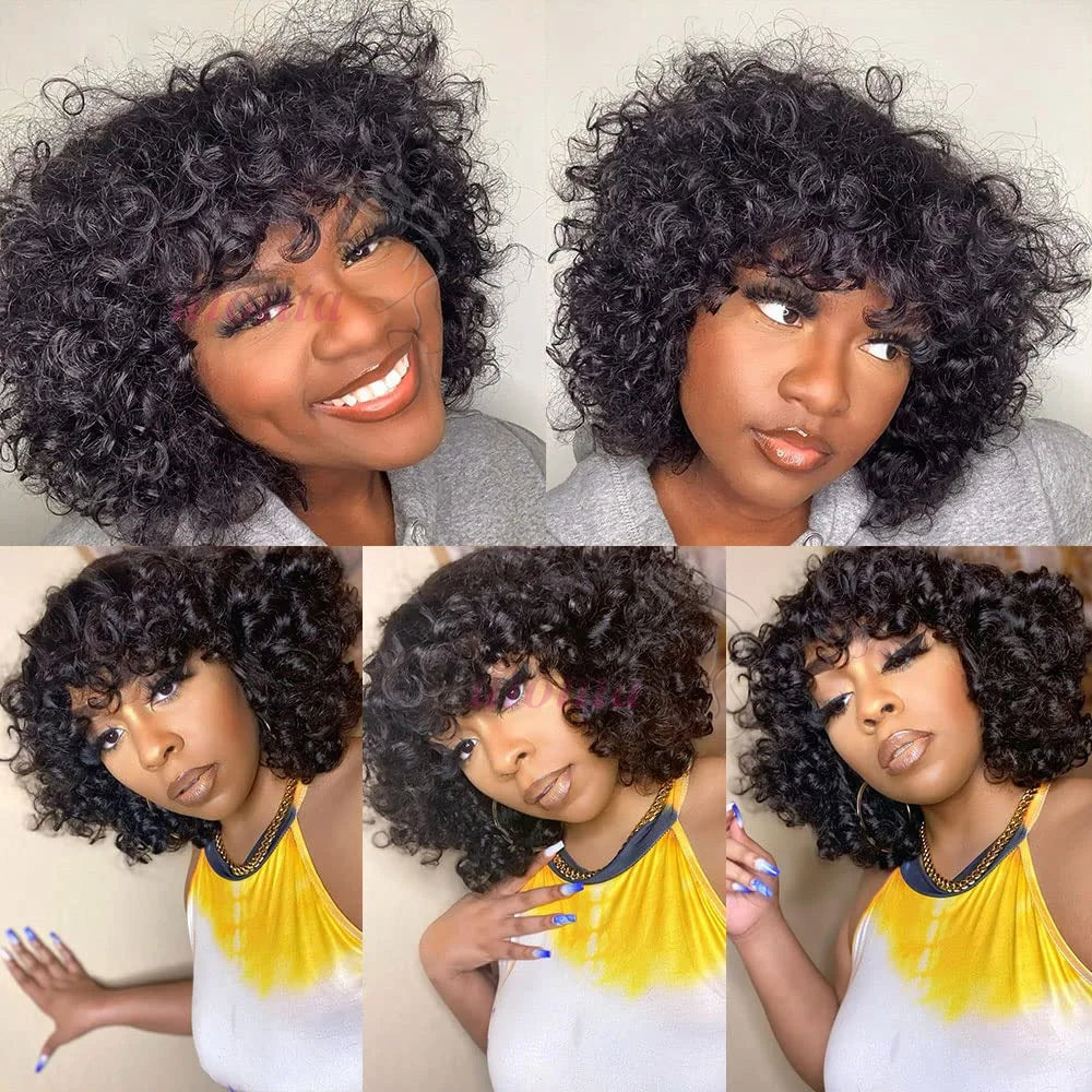 Rose Curly Wig With Bangs Fumi Human Hair Full Machine Made Loose Wave Short Bob Wigs For Women Brazilian Virgin Pixie Cut Wig