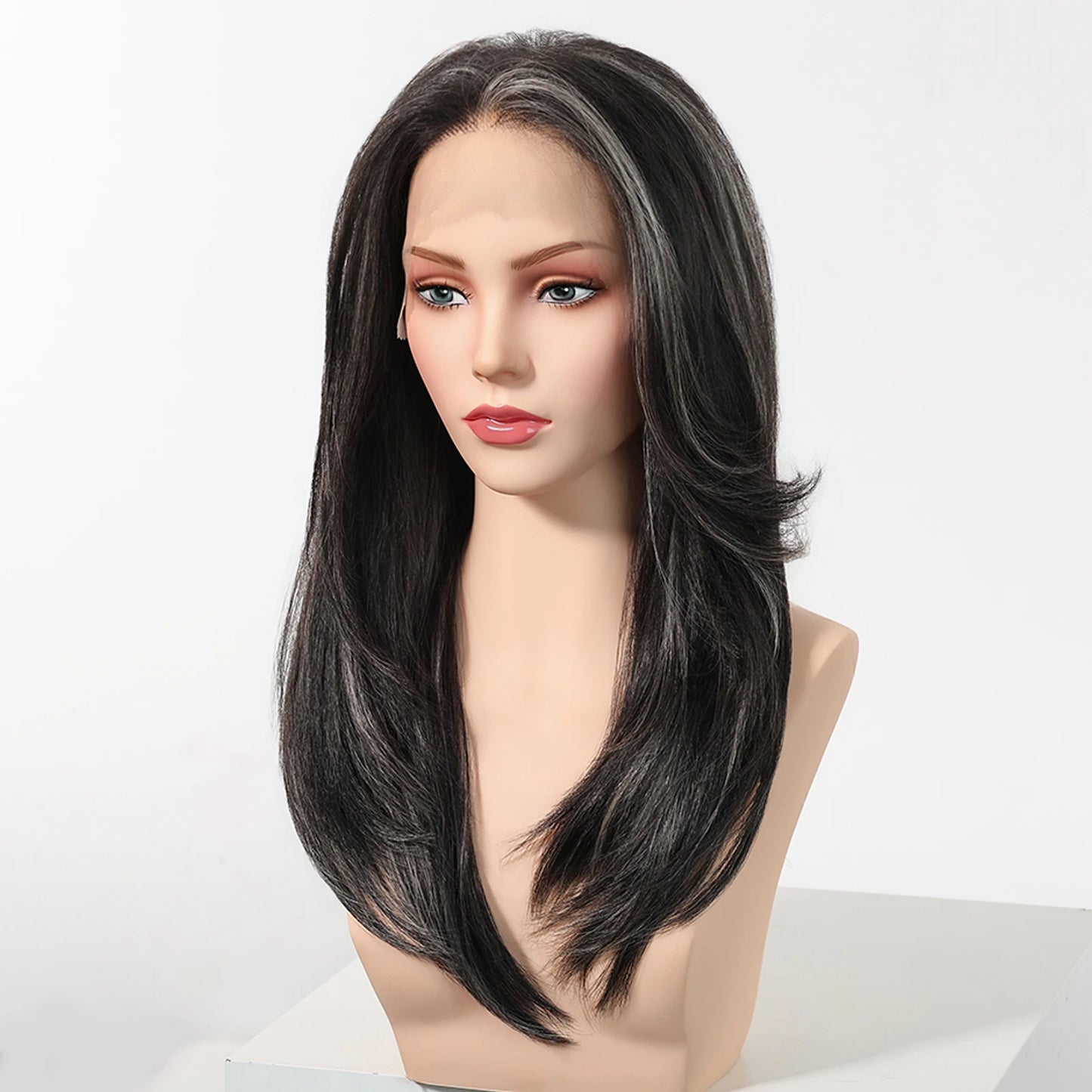 Natural Black With Blonde Highlights Wigs For Women Daily Straight Layered 13*6 Lace Front Synthetic Wig Free Part High Density