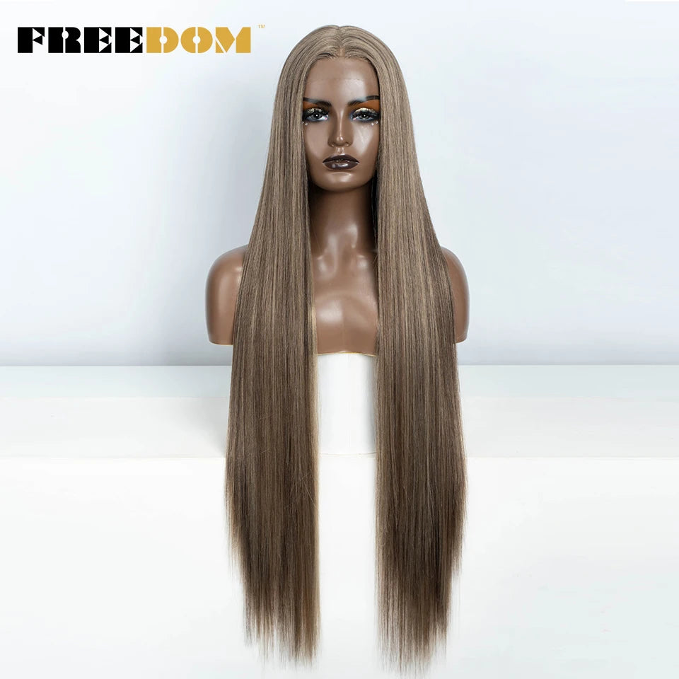 FREEDOM Straight Synthetic Lace Front Wig For Women 38 Inch Long Ombre Brown Red Blonde Hightlight Lace Frontal Wigs Cosplay Wig